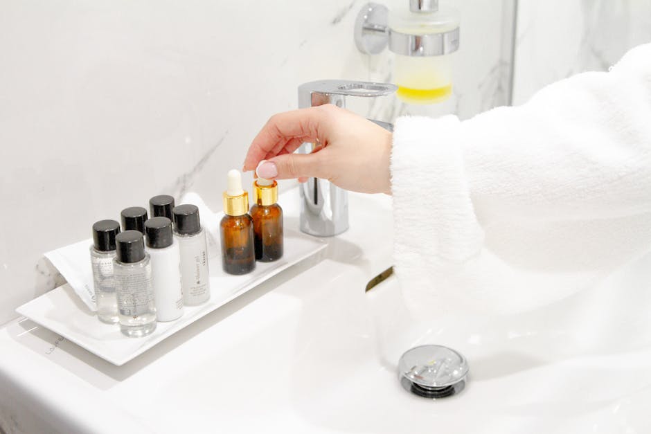 skincare routine products serums moisturizer bathroom shelf