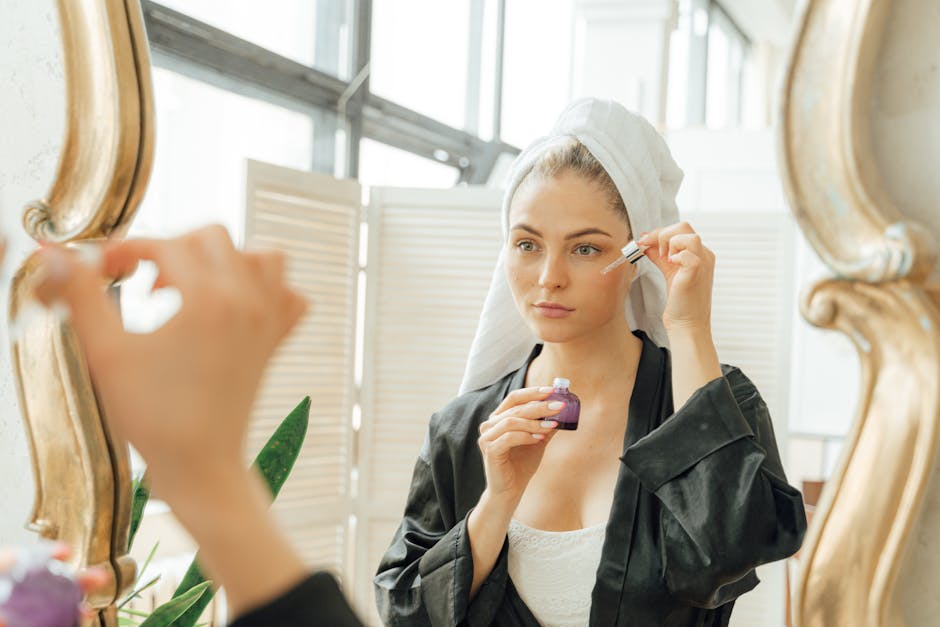 woman 40s radiant skin morning mirror reflection