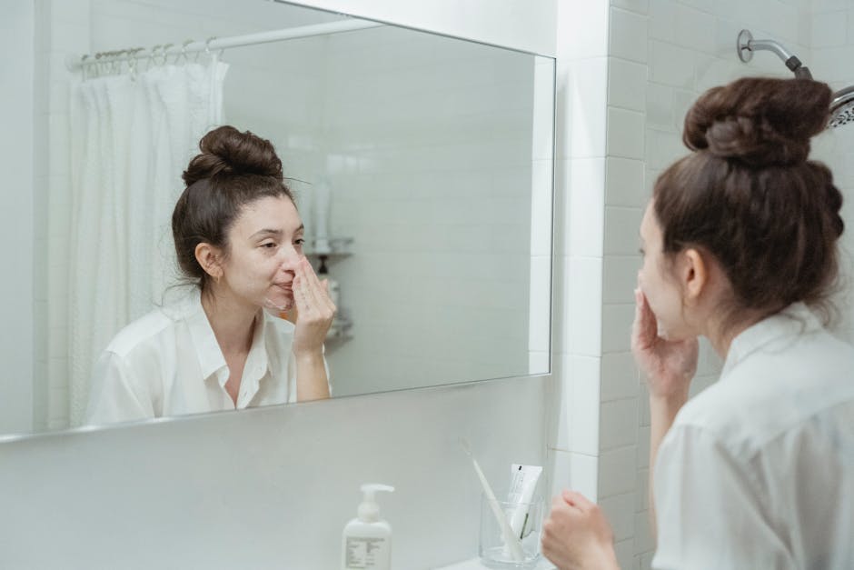 woman skincare routine bathroom morning beauty landscape