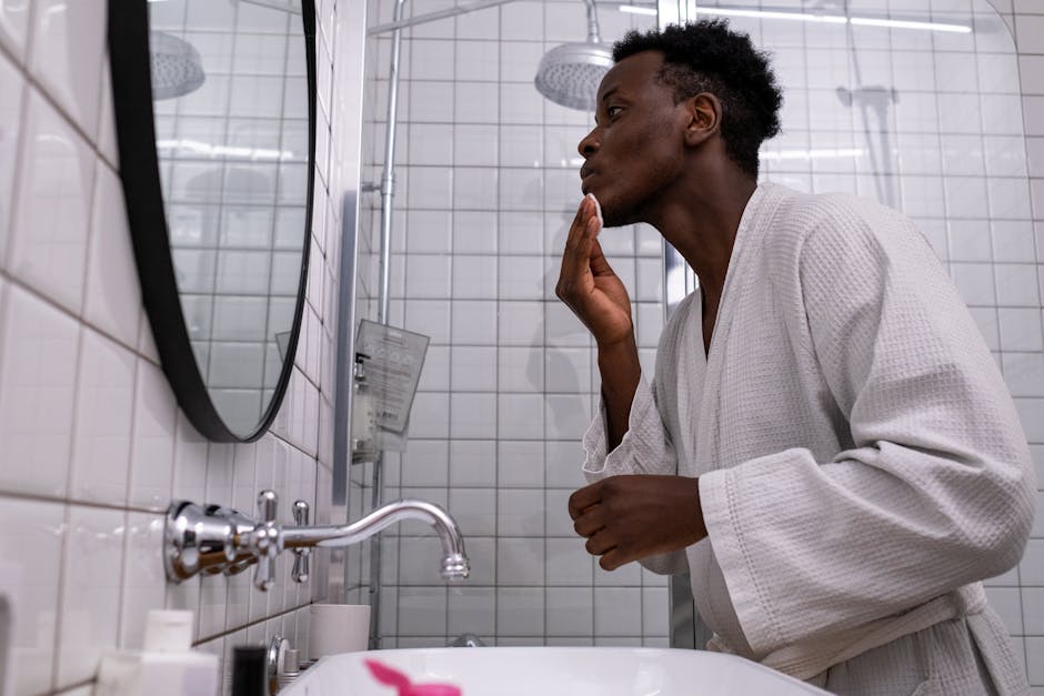 tired mother skincare routine bathroom mirror morning