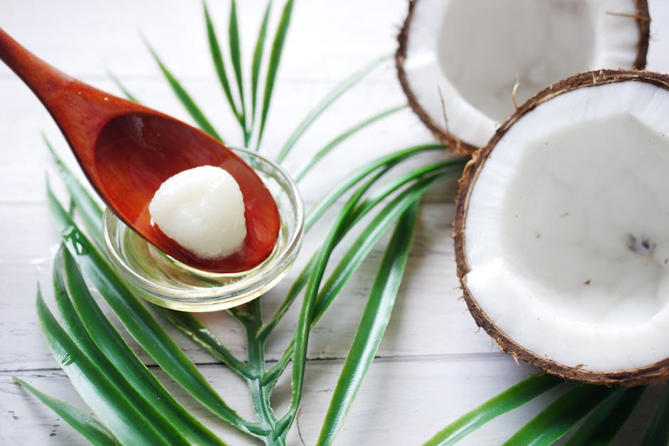 natural skincare ingredients oatmeal coconut oil yogurt on wooden surface