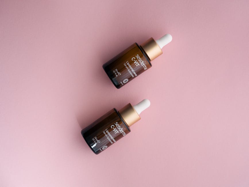 skincare products serum vitamin c antioxidant dark glass bottle shelf