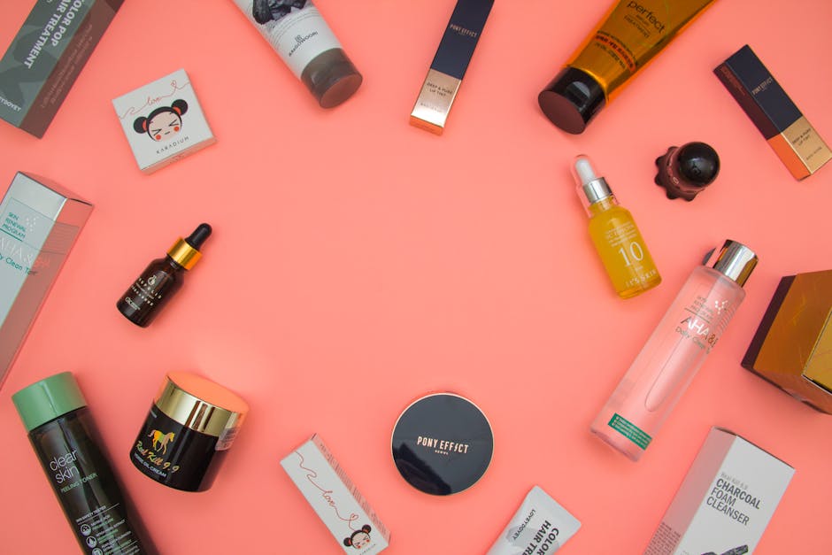 asian skincare routine lotion facial serum bottles flatlay beauty