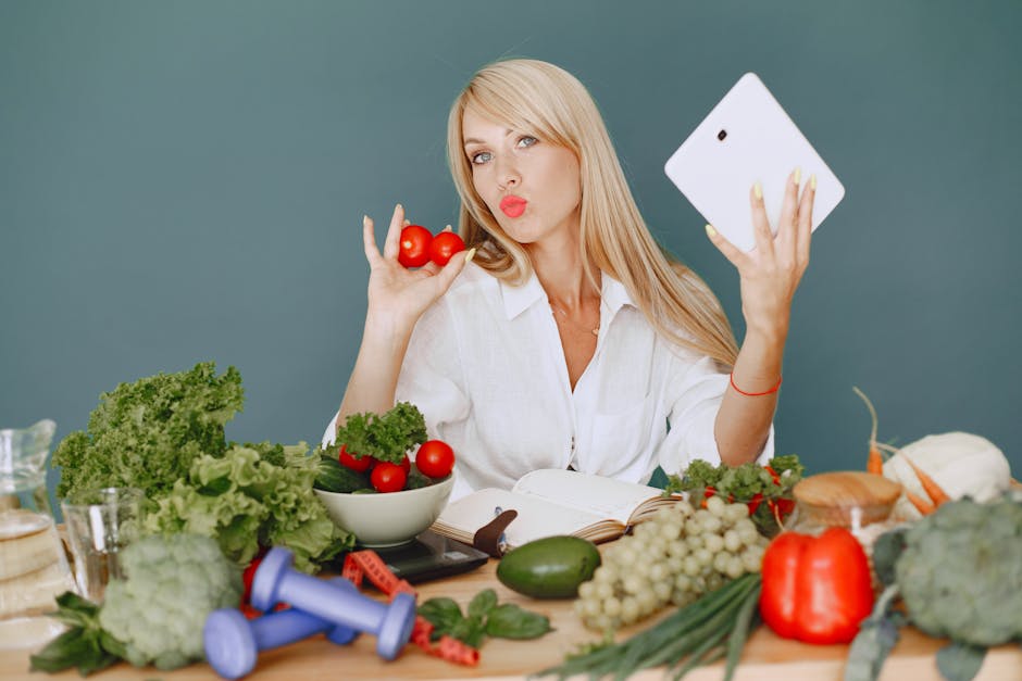 healthy lifestyle woman balanced nutrition vegetables bright kitchen landscape