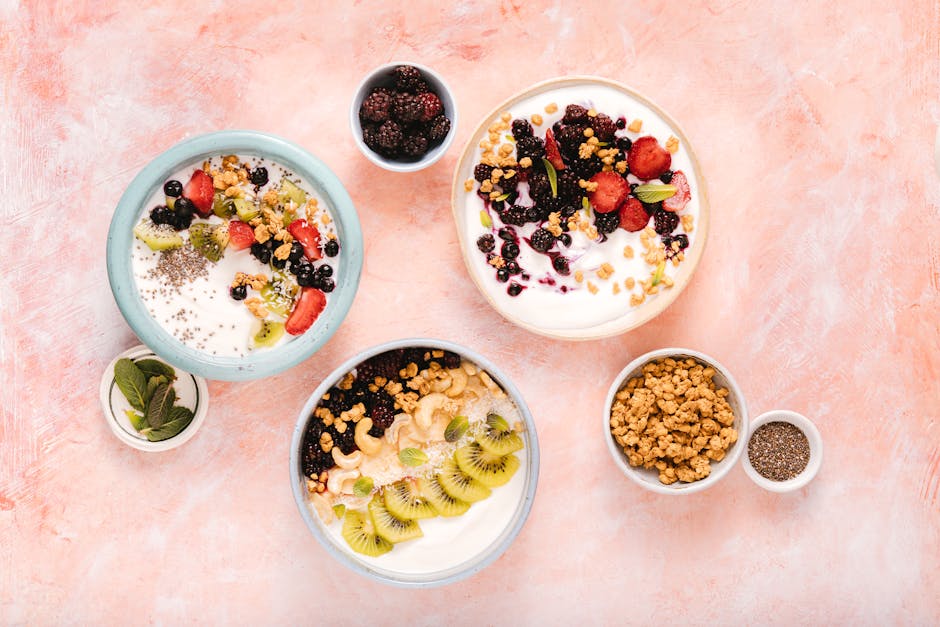 healthy food flat lay berries nuts citrus fruits avocado