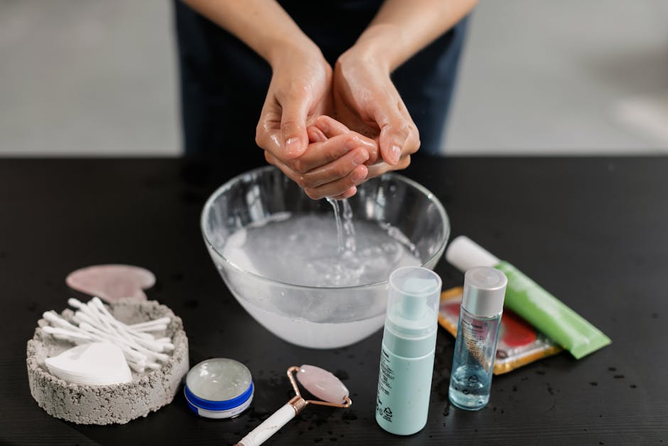 gentle facial cleanser foam on woman hands evening skincare routine summer