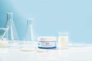 cosmetic laboratory science skincare active ingredients flat lay landscape